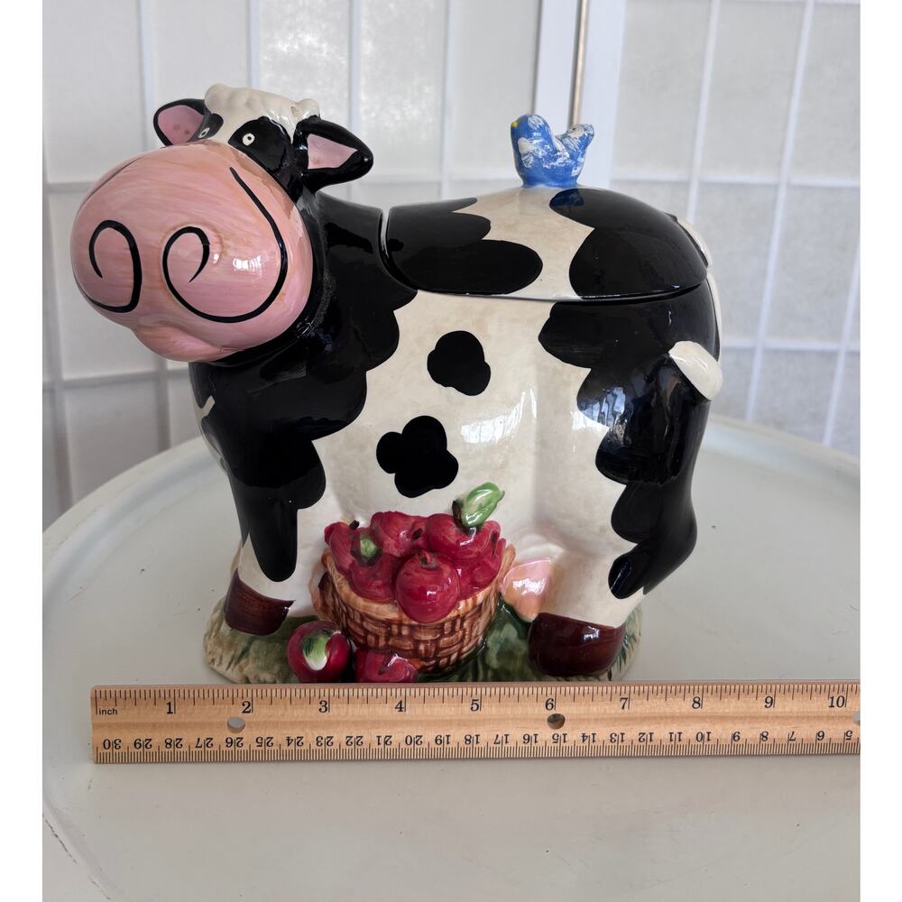 Cow Cookie Jar Farmhouse Country Kitchen Decor Ceramic Black White Apples - Picture 9 of 11